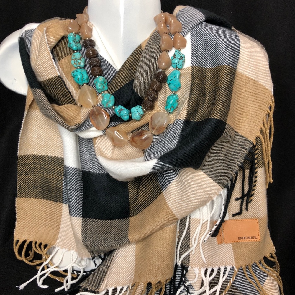 DIESEL Wrap or scarf tan black plaid Luxurious